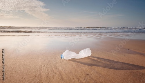 Discarded Plastic Bottle Littering a Serene Beach at Sunrise, Symbolizing the Growing Environmental Crisis of Ocean Pollution and the Impact of Single Use Plastics on Marine and Coastal Ecosystems