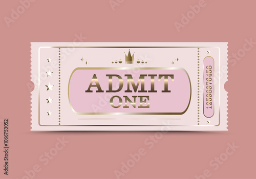 Pink ticket with gilding and a golden crown. Premium class. Vector illustration for websites, apps, cinemas, clubs, social events and creative design.