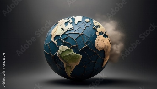 Cracked Earth Globe Emitting Dust. Symbolizing Global Environmental Pollution, Climate Change, and Ecological Fragility in a Striking Stock Image for Environmental Awareness Campaigns photo