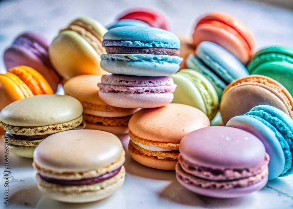 Obraz premium Vibrant Assortment of Colorful Macarons on a Clean White Background - Delicious Pastry Treats for Dessert Lovers and Food Photography Enthusiasts
