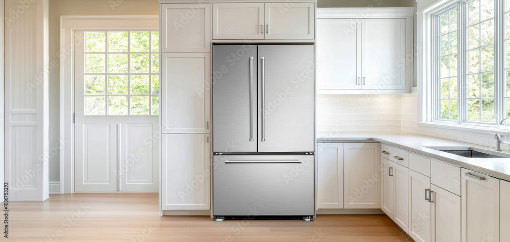 Side-by-side refrigerator in a minimalist kitchen, stainless steel finish symbolizing durability, functionality, and cooling excellence Side-by-side refrigerator in a minimalist kitchen, stainless steel finish symbolizing durability, functionality, and cooling excellence