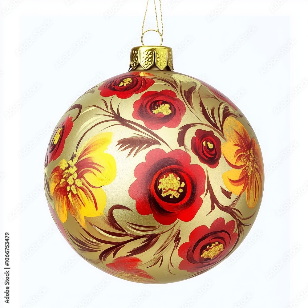 Beautifully hand-painted Christmas ornament featuring floral designs in vibrant red and yellow against a gold background Beautifully hand-painted Christmas ornament featuring floral designs in vibrant red and yellow against a gold background