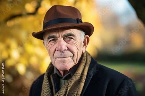 Portrait of an elderly man in a hat and scarf in the autumn park.