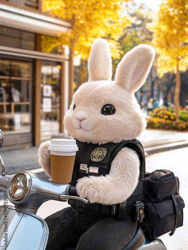 Adorable fluffy knitted bunny police officer sitting on a scooter and holding a cup of coffee, with an outdoor fall scene.