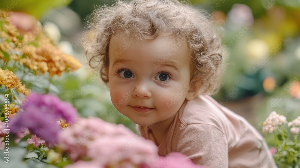 Portrait of a Little Girl with Curly Hair in a Garden Portrait of a Little Girl with Curly Hair in a Garden