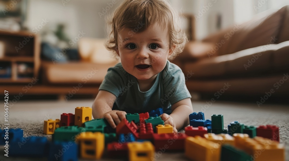 A Young Child Plays with Colorful Building Blocks on the Floor A Young Child Plays with Colorful Building Blocks on the Floor