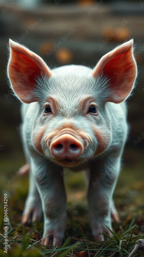 A piglet stands in a grassy field, looking directly at the camera with its large ears and pink snout A piglet stands in a grassy field, looking directly at the camera with its large ears and pink snout