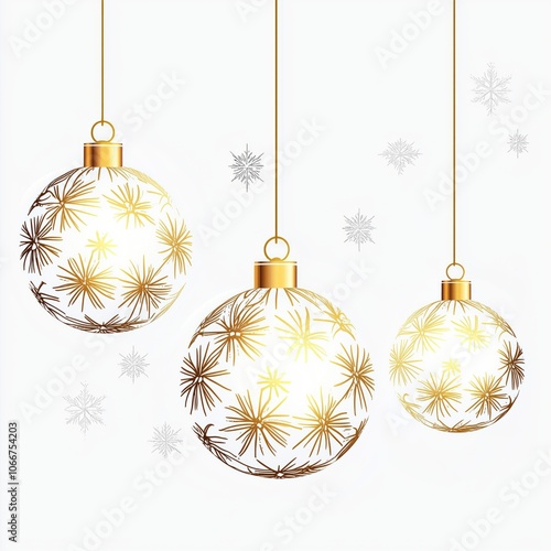 Elegant golden Christmas ornaments with intricate designs hanging against a light background during the holiday season