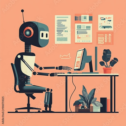 Artificial intelligence assisting programmer, tech workspace, flat design illustration