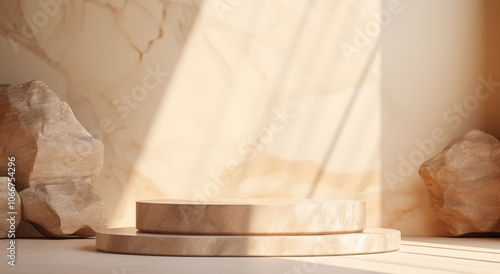 Stone round podium display platform on the marble wall. Showcase for product presentation, advertisement, mockup.	
