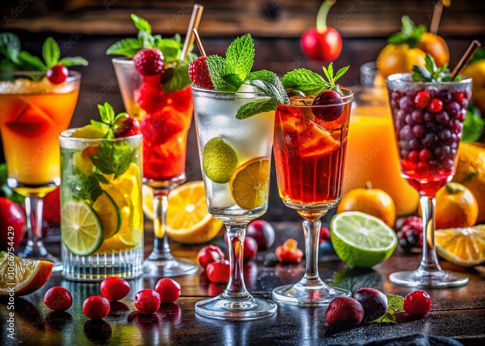 Vibrant Cocktails and Longdrinks Garnished with Fresh Fruits - Macro Photography Capturing Colorful Mixology Artistry for Beverage Enthusiasts and Party Planners Vibrant Cocktails and Longdrinks Garnished with Fresh Fruits - Macro Photography Capturing Colorful Mixology Artistry for Beverage Enthusiasts and Party Planners