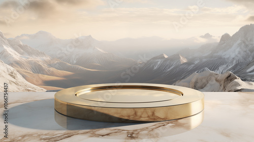 Golden round podium display platform on the background of snowy mountains, sky, clouds, fog. Showcase for product presentation, advertisement, mockup.	
