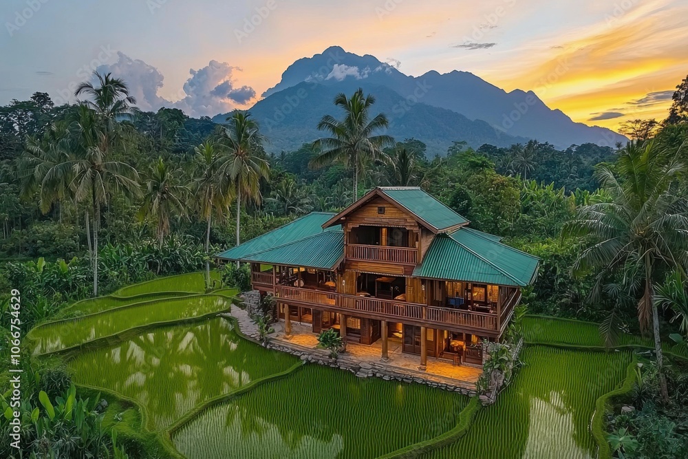 Naklejka premium A stunning wooden house surrounded by lush greenery and rice fields, set against a backdrop of mountains at sunset.