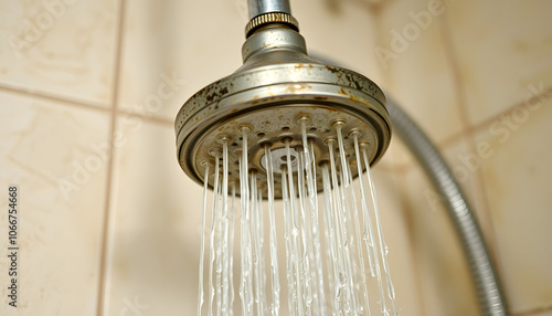 Old shower head. Limescale water stone buildup. Replacement and maintenance of plumbing fixtures. Poor water quality. Mold and bad smell of water isolated with white shades, png