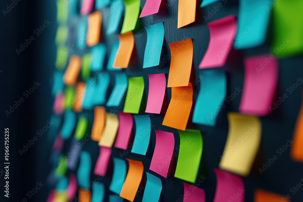 A vibrant wall covered with colorful sticky notes in various shapes and sizes, perfect for inspirations and brainstorming ideas. A vibrant wall covered with colorful sticky notes in various shapes and sizes, perfect for inspirations and brainstorming ideas.