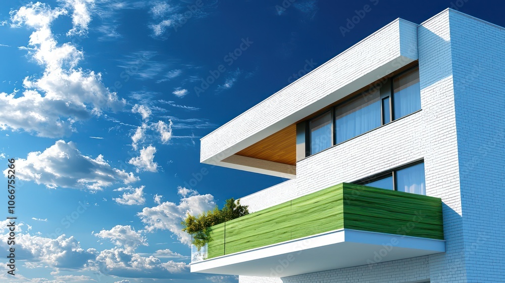 Bulgarian Home with a Green Wood Balcony and White Brick, Sunny Day. Bulgarian Home with a Green Wood Balcony and White Brick, Sunny Day.