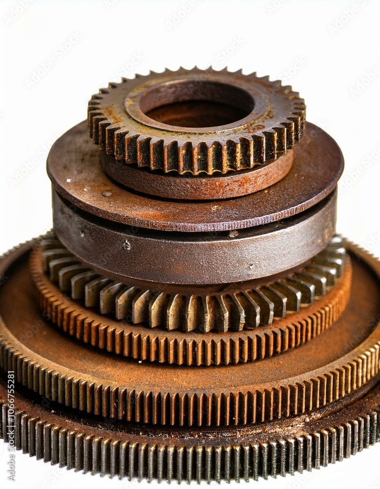 Collection of Rusty Old Cog Wheels with Weathered Surfaces Isolated on White Background for Industrial and Steampunk Themes