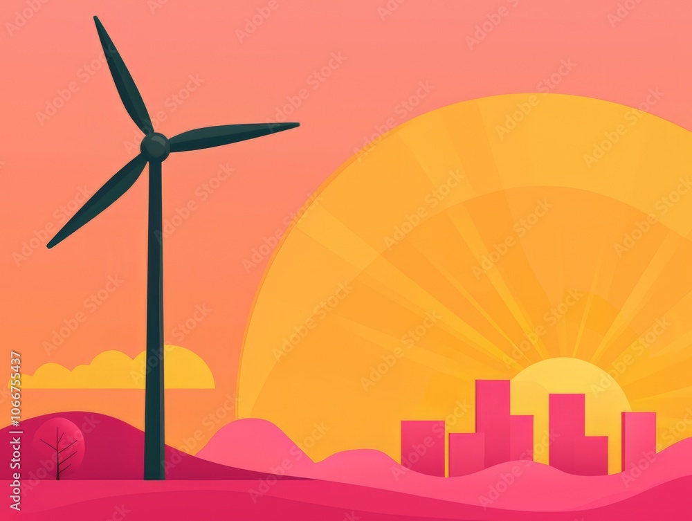 Fototapeta premium Wind turbine at sunset on a colorful landscape with silhouette buildings.