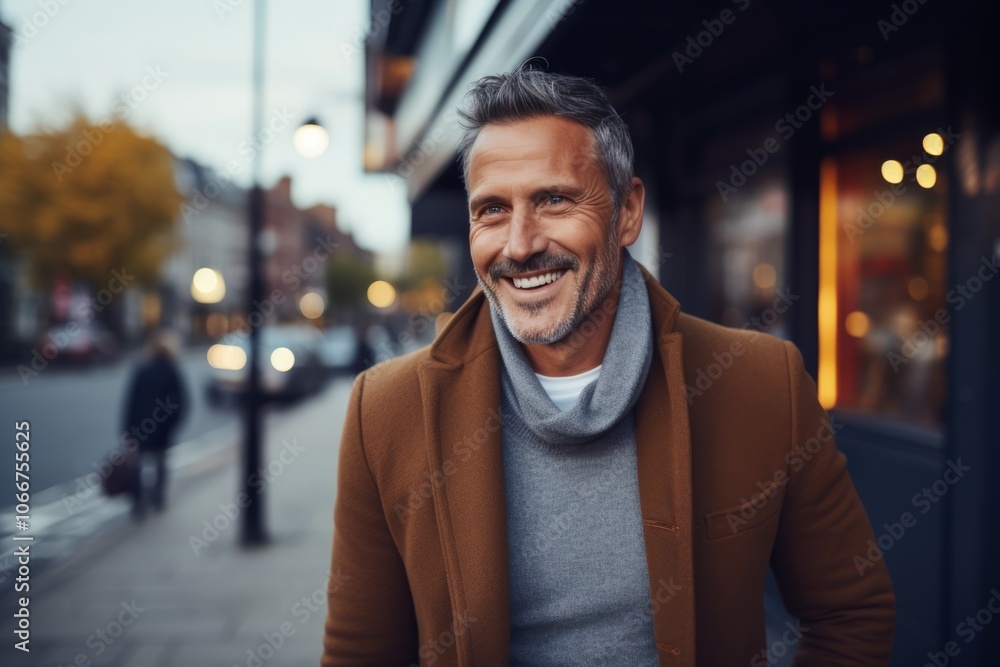 Portrait of a handsome middle-aged man wearing a coat and smiling while walking on a city street Portrait of a handsome middle-aged man wearing a coat and smiling while walking on a city street