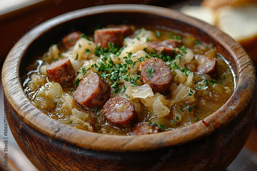Close-up of Sauerkraut Soup with Sausage and Parsley in Wooden Bowl Close-up of Sauerkraut Soup with Sausage and Parsley in Wooden Bowl