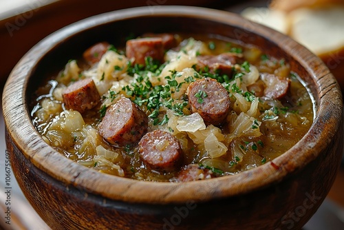 Close-up of Sauerkraut Soup with Sausage and Parsley in Wooden Bowl photo