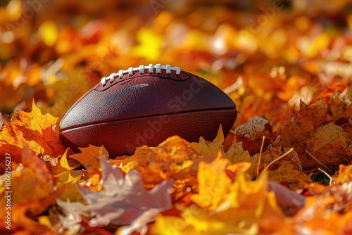 A football resting on a bed of fallen leaves. This image is perfect for projects related to fall sports, outdoor recreation, or the changing seasons. photo