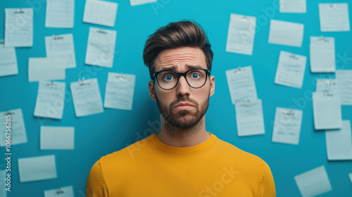 AI predicting which documents need immediate attention selective focus, A young man in a yellow shirt stands puzzled against a blue wall filled with notes, embodying confusion and contemplation.