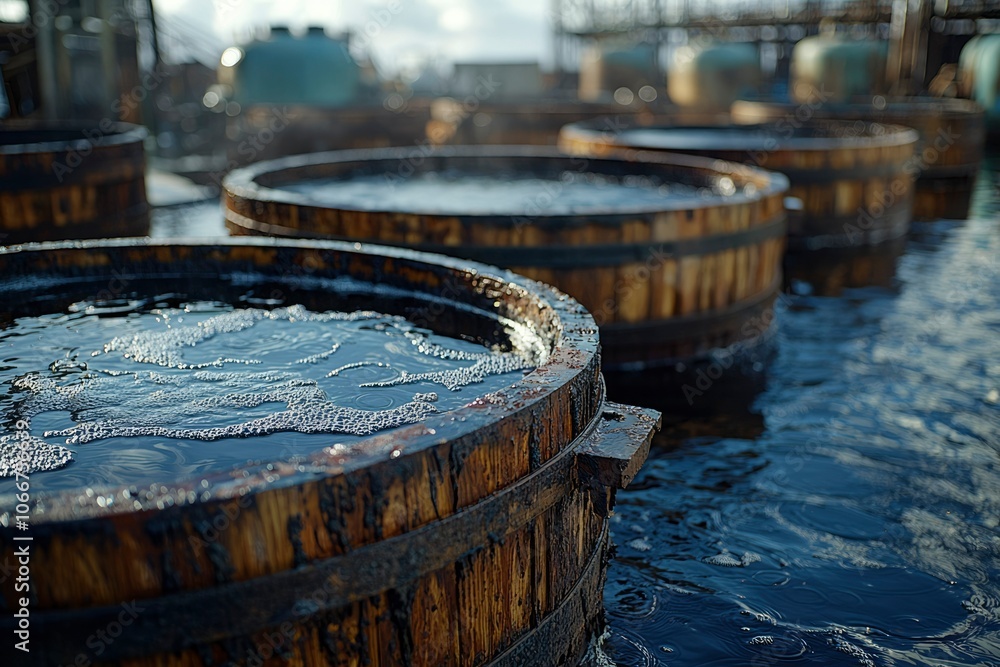 Close-up of wooden barrels filled with water and bubbles Close-up of wooden barrels filled with water and bubbles