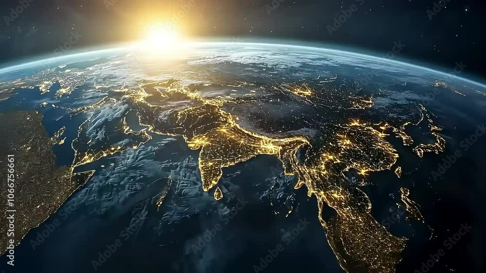A stunning view of Earth from space, showcasing illuminated regions of Asia, highlighting urban areas against the backdrop of the planet's curvature and a rising sun. A stunning view of Earth from space, showcasing illuminated regions of Asia, highlighting urban areas against the backdrop of the planet's curvature and a rising sun.