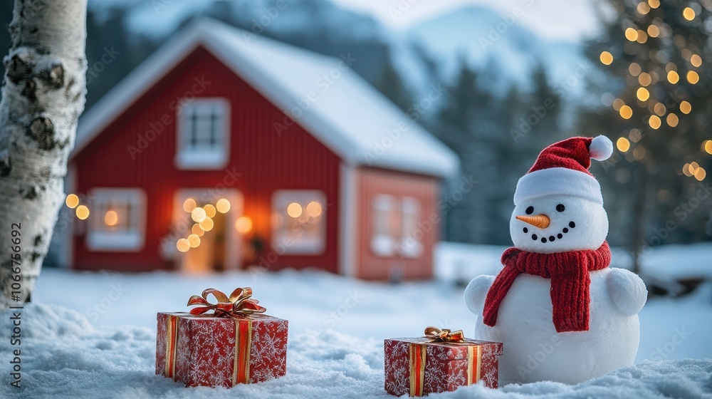 Φωτογραφία North europe house with a festive Christmas snowman and gift box and winter vibe wallpaper