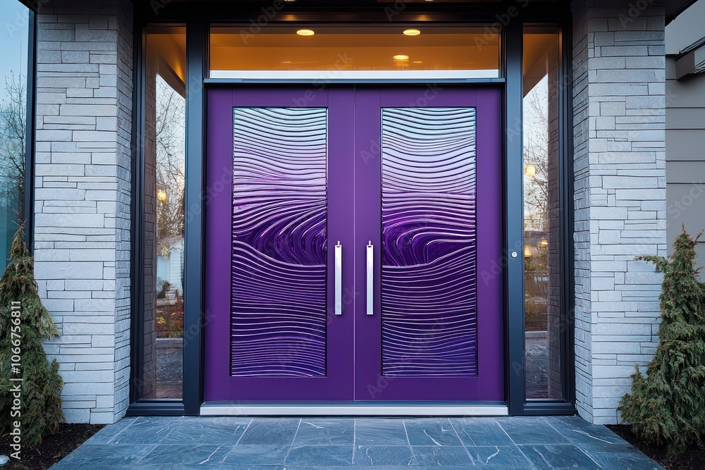 Contemporary home design featuring elegant purple doors with ripple glass.