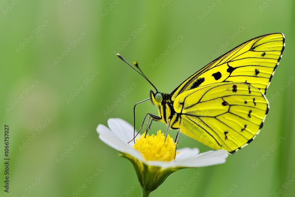 Bright yellow butterfly perched on a white flower in a grassy field. Bright yellow butterfly perched on a white flower in a grassy field.