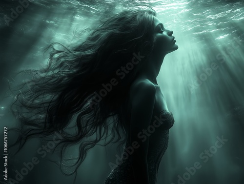 atmospheric lighting, mermaid under the sea, billowing hair, mermaidcore photo