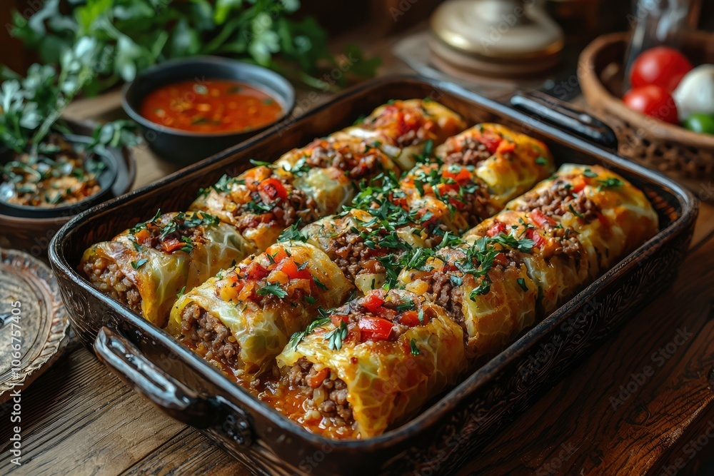 Close-up of Stuffed Cabbage Rolls with Tomato Sauce and Parsley Garnish Close-up of Stuffed Cabbage Rolls with Tomato Sauce and Parsley Garnish