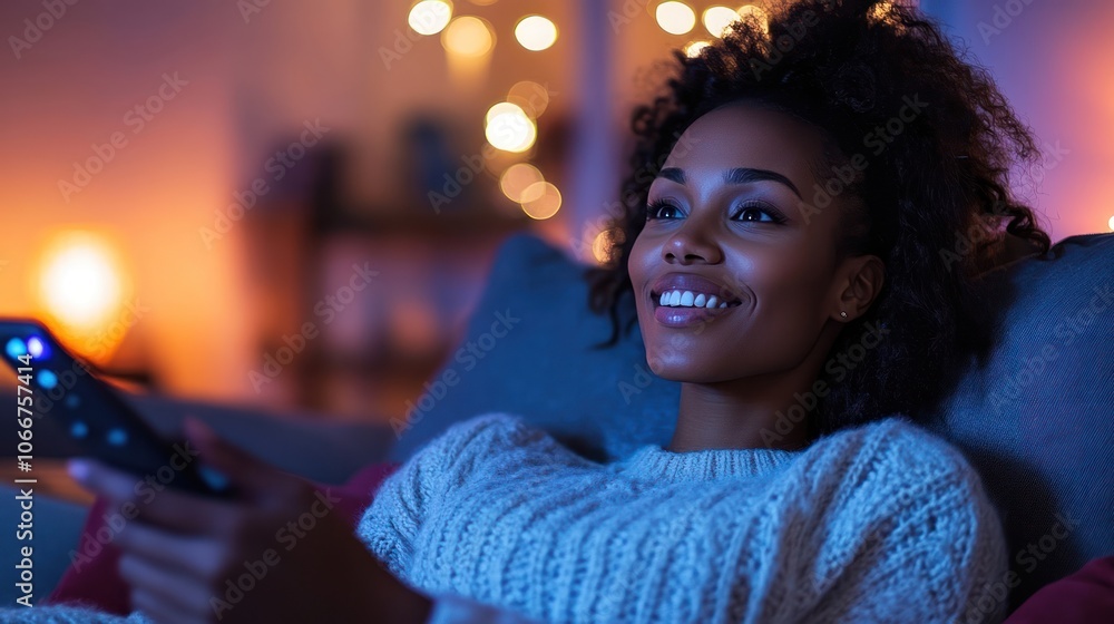 Smiling Woman Watching Television with Remote in Hand Smiling Woman Watching Television with Remote in Hand