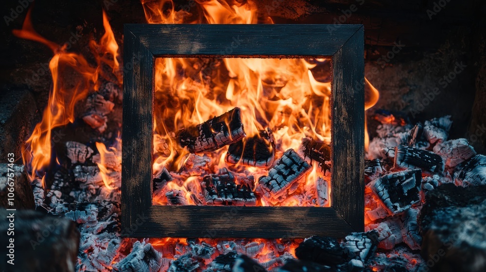 A wooden frame encases glowing embers and flames, creating a striking contrast between art and nature's fire. A wooden frame encases glowing embers and flames, creating a striking contrast between art and nature's fire.