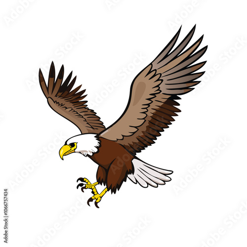 Bald Eagle with Spread Wings Illustration, Illustration of a bald eagle in mid-flight with wings spread and talons extended, symbolizing power, freedom, and American patriotism.