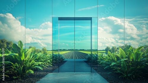 door to the future of agri cutlure, modern glass door in the center, farmland outside photo