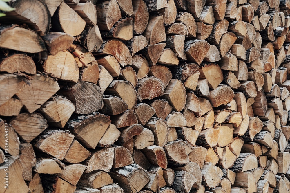 Stacked chopped wood logs in woodpile. Preparation of firewood for the winter. Pile of wood logs in village. Wooden stumps. Alternative Fuel for heat in the house. Industrial concept. Stacked chopped wood logs in woodpile. Preparation of firewood for the winter. Pile of wood logs in village. Wooden stumps. Alternative Fuel for heat in the house. Industrial concept.