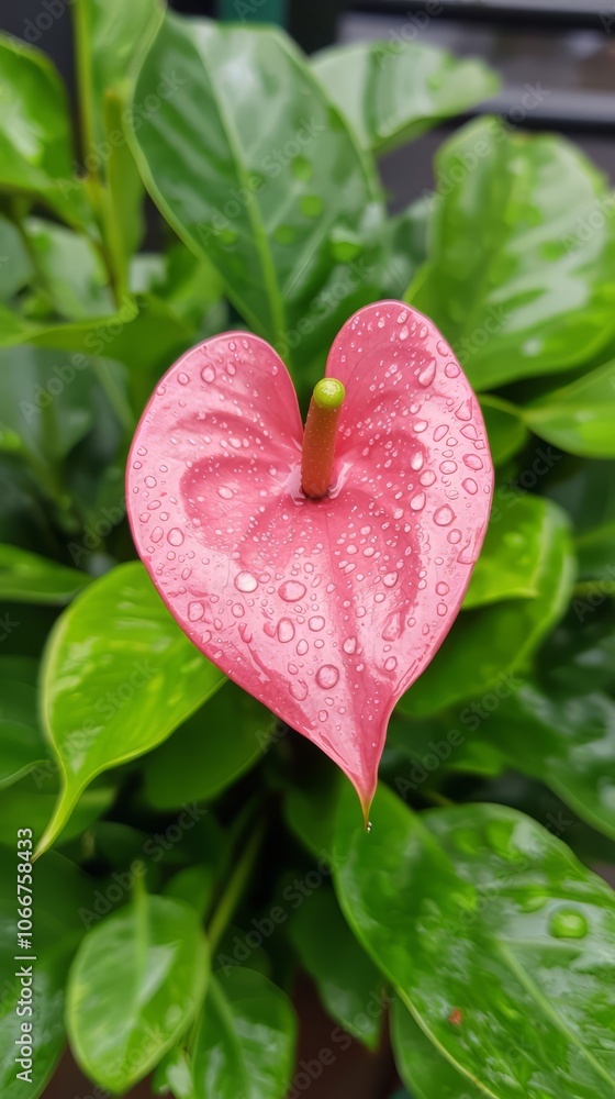 Close-up of a heart-shaped pink flower with raindrops on vibrant green leaves.