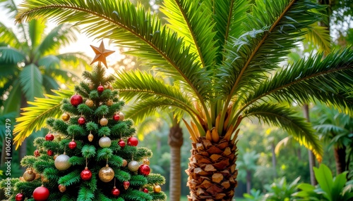 Festive Christmas tree, palm decorated with ornaments and star surrounded by tropical palm foliage