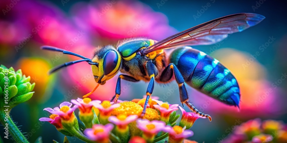 Vibrant Neon Wasp in Tilt-Shift Photography - Macro Insect Art, Colorful Nature Scenes, Abstract Macro Photography, Bright Colors, Tiny World, Insect Close-Up, Creative Photography, Unique Perspective Vibrant Neon Wasp in Tilt-Shift Photography - Macro Insect Art, Colorful Nature Scenes, Abstract Macro Photography, Bright Colors, Tiny World, Insect Close-Up, Creative Photography, Unique Perspective