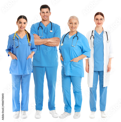 Different healthcare workers in uniforms on white background