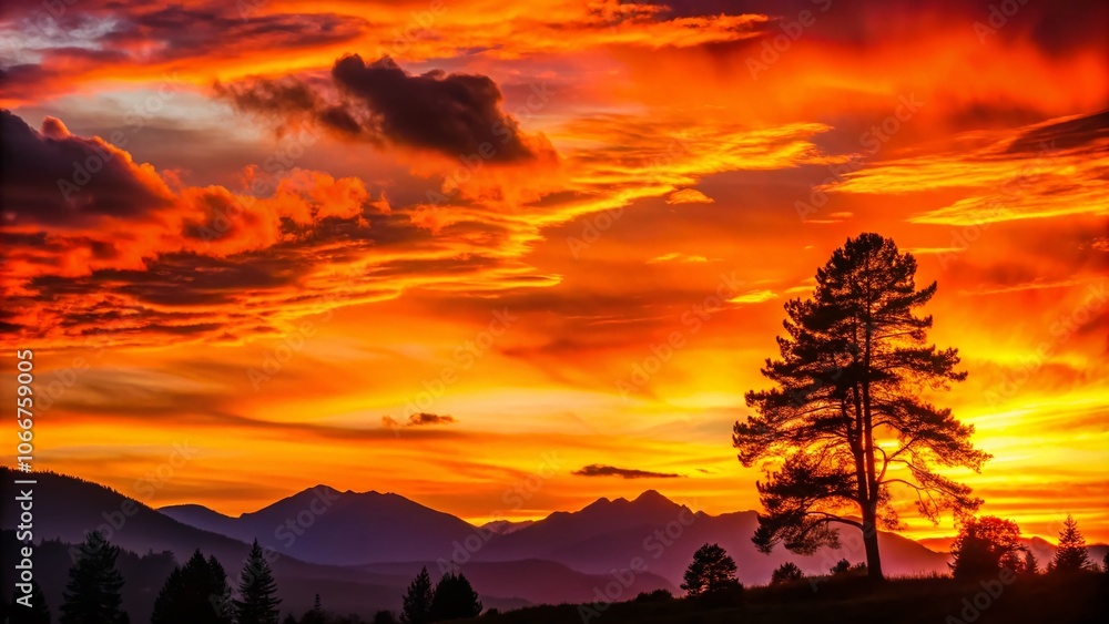 Obraz premium Vibrant Orange Sunset with Silhouetted Trees and Mountains - Nature's Beauty Captured in a Serene Landscape Scene