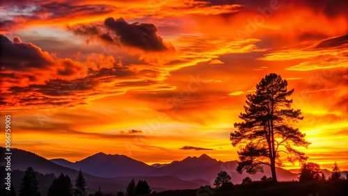 Vibrant Orange Sunset with Silhouetted Trees and Mountains - Nature's Beauty Captured in a Serene Landscape Scene