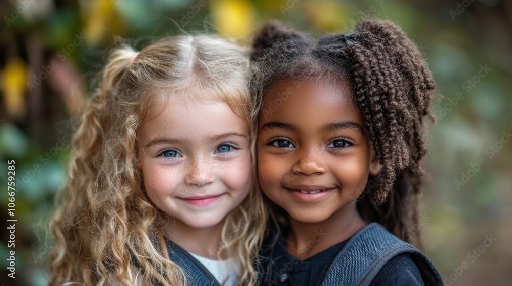 Two little girls with backpacks, best friends, school age, diverse friendship, cheerful smiles, outdoor portrait, close-up, childhood friends, back to school, happiness, friendship bond Two little girls with backpacks, best friends, school age, diverse friendship, cheerful smiles, outdoor portrait, close-up, childhood friends, back to school, happiness, friendship bond