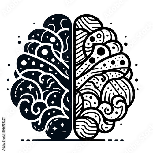 Stylized split brain icon with intricate patterns representing creativity and logic