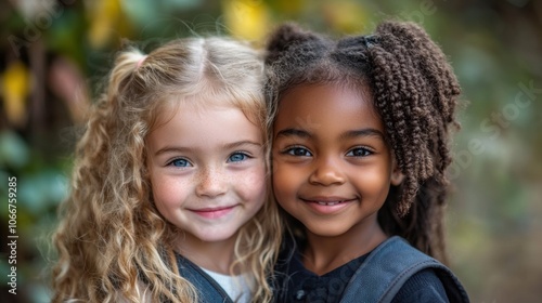 Two little girls with backpacks, best friends, school age, diverse friendship, cheerful smiles, outdoor portrait, close-up, childhood friends, back to school, happiness, friendship bond