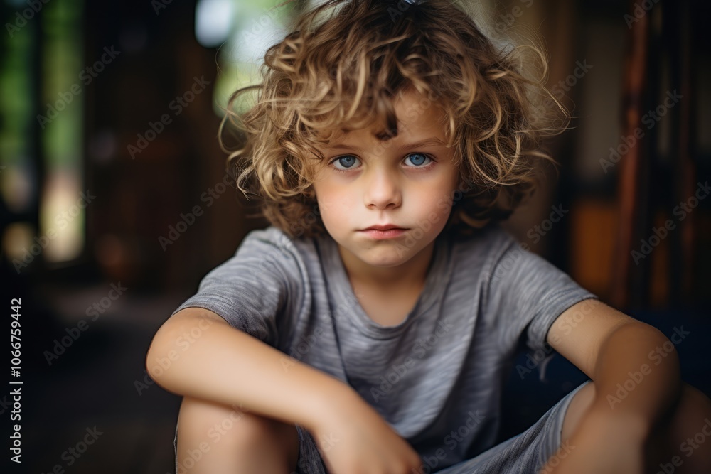 Portrait of a cute little boy with curly hair looking at camera Portrait of a cute little boy with curly hair looking at camera