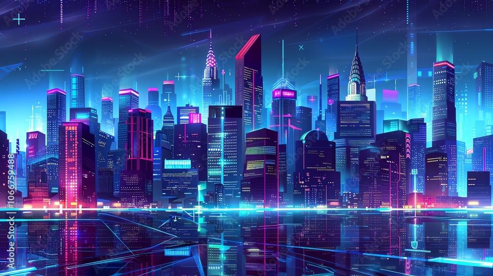 A futuristic cityscape at night with vibrant blue and pink neon lights reflecting in a wet street. A futuristic cityscape at night with vibrant blue and pink neon lights reflecting in a wet street.
